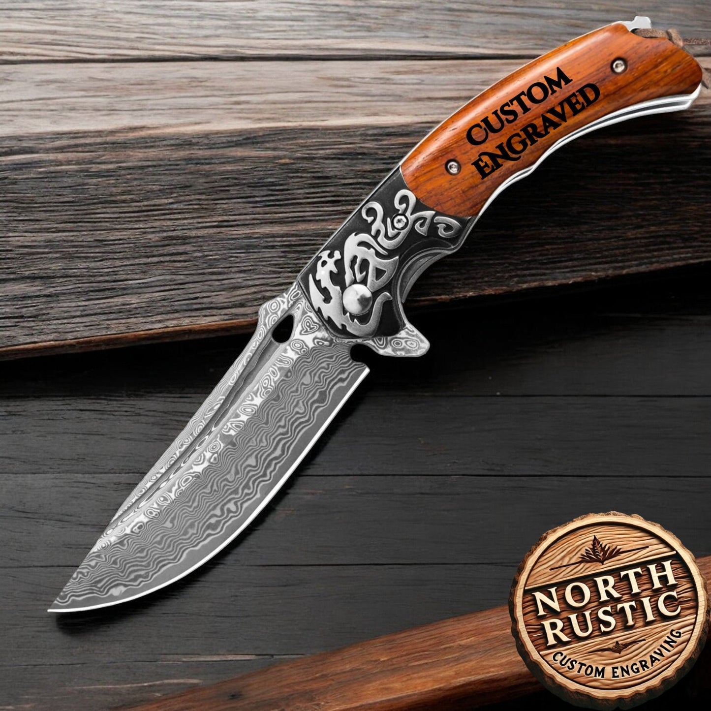 Engraved Damascus Pocket Knife, Personalized Olive Wood Handle, Folding Knife Dragon Bolster, Wedding Anniversary Groomsmen Gift VP84