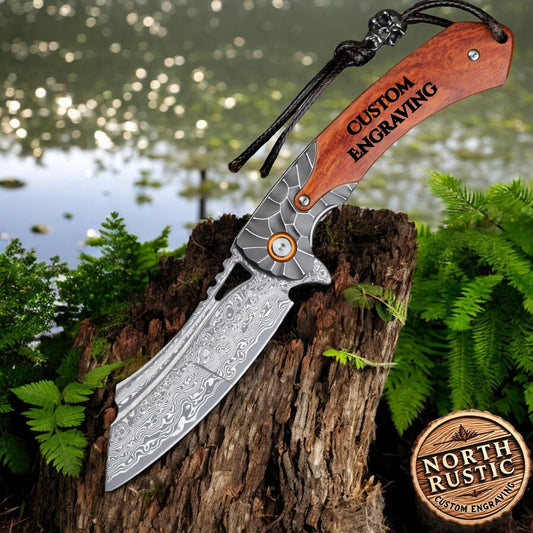 Engraved VG10 Damascus Pocket Knife, Gifts For Him Pocket Knife, Rose Wood Handle Folding Knife, Wedding Anniversary Husband Dad Gift | VP31