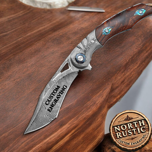 Engraved Damascus Pocket Knife | VG10 Personalized Folding Knife | Desert Ironwood Handle | Wedding Husband Anniversary Father Gift | NR39