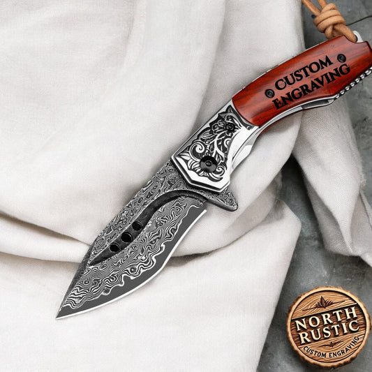 Engraved VG10 Damascus Folding Knife | Personalized Pocket Knife | Rose Wood Handle Knife | Wedding Husband Anniversary Father Gift NR35