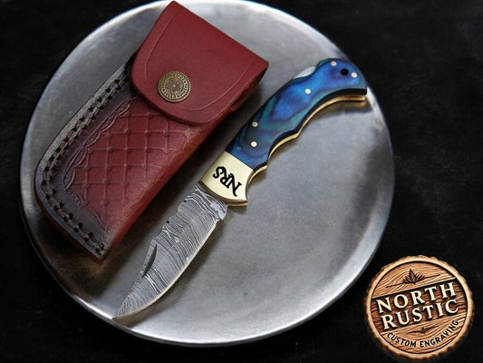 Damascus Folding Knife 6.5" Blue Pakka Wood Handle