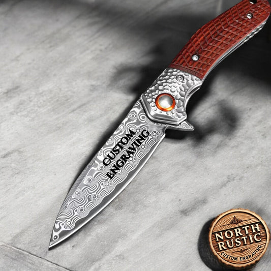 Engraved Damascus Pocket Knife, Personalized Folding Knife, Walnut Wood Handle Knife, Wedding Anniversary Father Husband Gift | NR30
