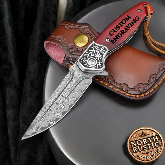 Engraved Damascus Pocket Knife, VG10 Personalized Folding Knife, Rose Wood Handle, Engraving Knives Wedding Groomsmen Dad Gift | VP112