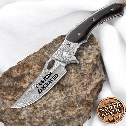 Personalized Damascus Pocket Knife Gift | Custom Engraved Damascus Folding Knife | Sandal Wood Handle Knife | Groomsmen Wedding Gift | VP82