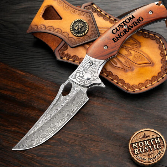 Personalized Damascus Pocket Knife Gift | Custom Engraved Damascus Folding Knife | Rose Wood Handle Knife | Groomsmen Wedding Gift | VP52