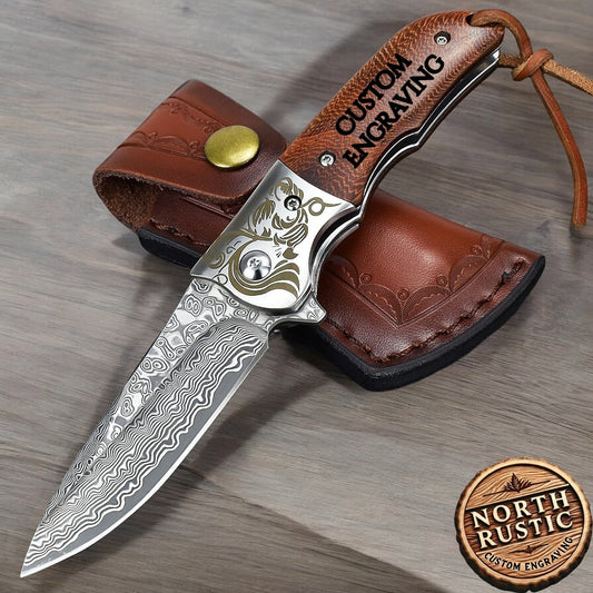 Personalized Engraved Pocket Knife, Rosewood Engraving Damascus Knife, VG10 Folding Knife, Gifts For Him Anniversary Wedding Gift, NR06
