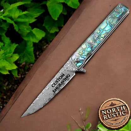Abalone Damascus Pocket Knife, Personalized Engraving VG10 Blade, Engraved Folding Knife, Wedding Anniversary Groomsmen Gift | VP29