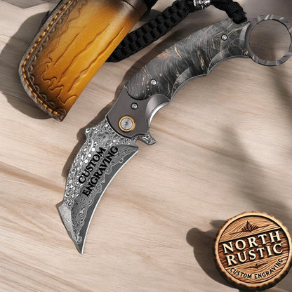 Damascus Karambit Pocket Knife, Personalized Engraved VG10 Blade, Folding Knife Engraving, Wedding Anniversary Groomsmen Father Gift, VP12