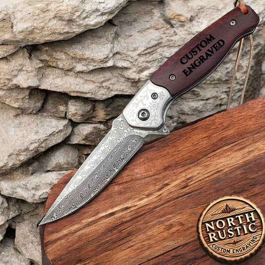 Engraved VG10 Damascus Folding Knife | Personalized Pocket Knife | Rose Wood Handle Knife | Wedding Husband Anniversary Father Gift | NR46
