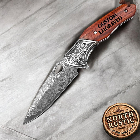 Engraved VG10 Damascus Folding Knife | Personalized Pocket Knife | Rose Wood Handle Knife | Wedding Husband Anniversary Father Gift | NR48