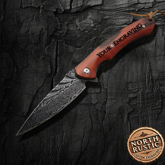 Damascus Pocket Knife Engraved Gift, Personalized Folding Knives, Engraving Gift For Him, Wedding Groomsmen Gift, Husband Anniversary VP17