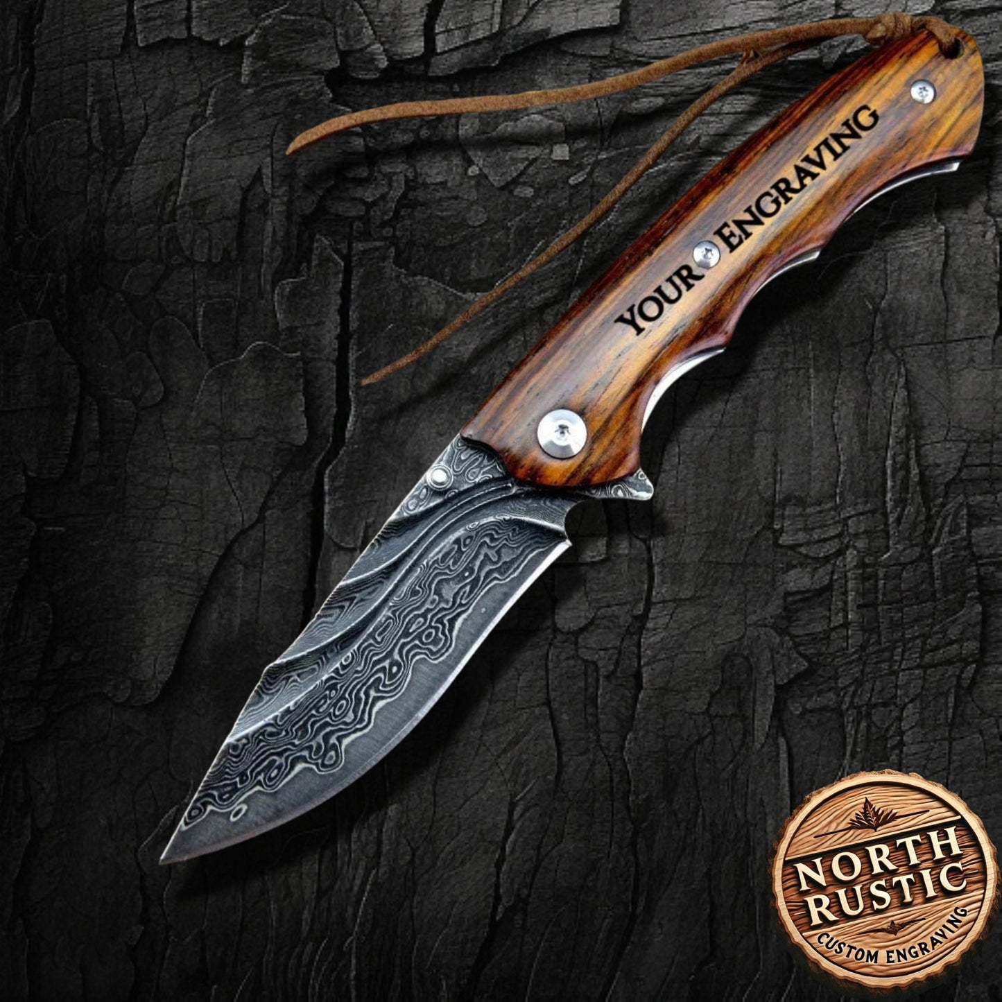 Engraved VG10 Damascus Folding Knife | Personalized Pocket Knife | Rose Wood Handle Knife | Wedding Husband Anniversary Father Gift | VP15