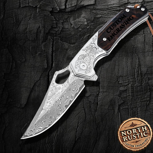 Engraved Damascus Pocket Knife, Personalized Folding Knife, Dark Sandalwood Handle Knife, Wedding Anniversary Husband Dad Gift | NR32