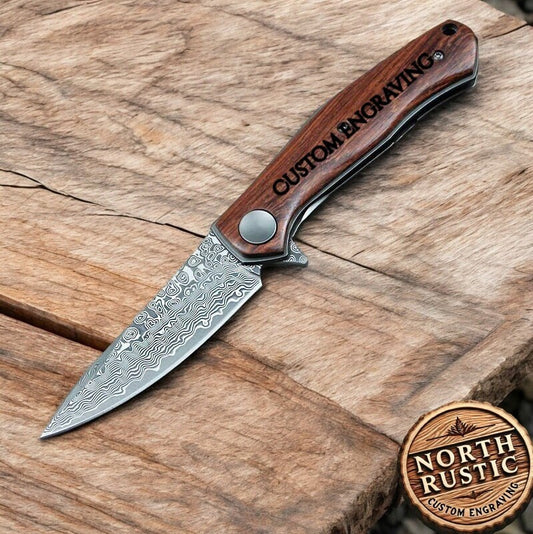 Engraved Damascus Folding Knife | Personalized Pocket Knife VG10 | Rose Wood Handle Knife | Wedding Anniversary Father Husband Gift | VP27