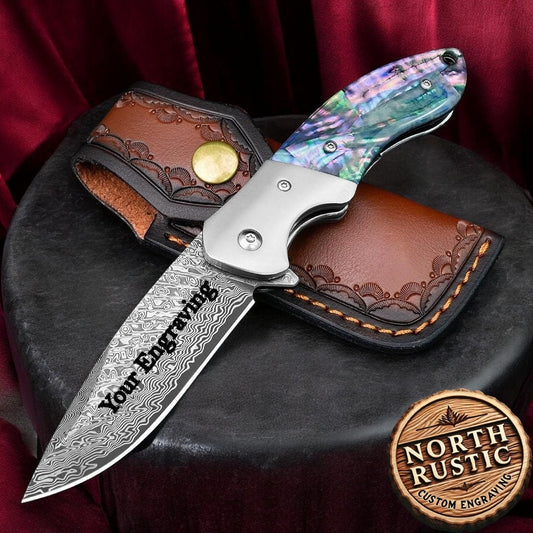 Damascus 7.87" Abalone Handle Pocket Knife