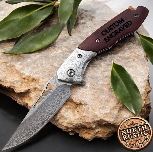 Engraved Rose Wood Pocket Knife - Personalized Folding Knife Gift Custom Engraving - Groomsmen Wedding Gifts - Husband Anniversary Gift