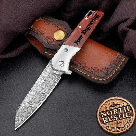 Engraved Damascus Pocket Knife, Personalized Folding Knife Gift For Him, Engraving Knives Wedding Groomsmen Gifts, Husband Anniversary Gift