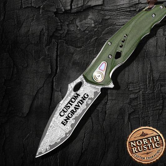 Green G10 Handle Damascus Pocket Knife
