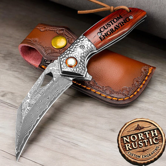 Engraved Pocket Knife, Gift For Him Personalized, Damascus Folding Karambit, Husband Anniversary Gift, Wedding Groomsmen Knives, VP109