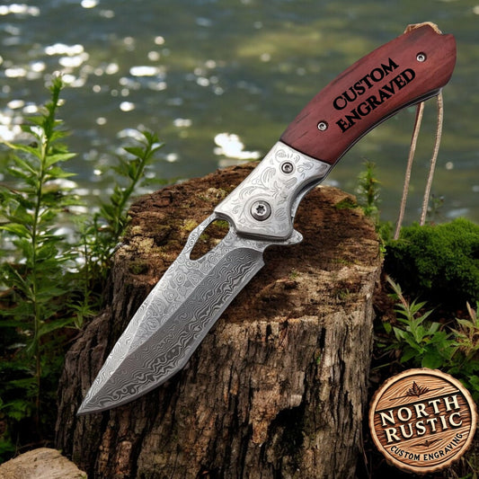 Damascus Folding Knife Rose Wood Handle Knife