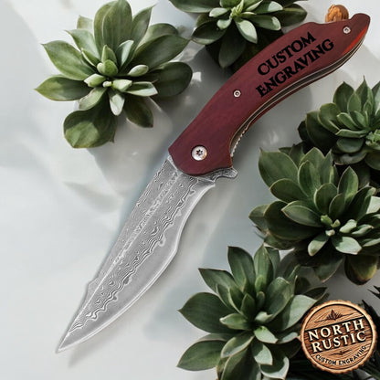 Custom Engraved Damascus Pocket Knife - Personalized Rosewood Handle | Groomsmen Wedding Gifts - Husband Anniversary Gift For Him NR54