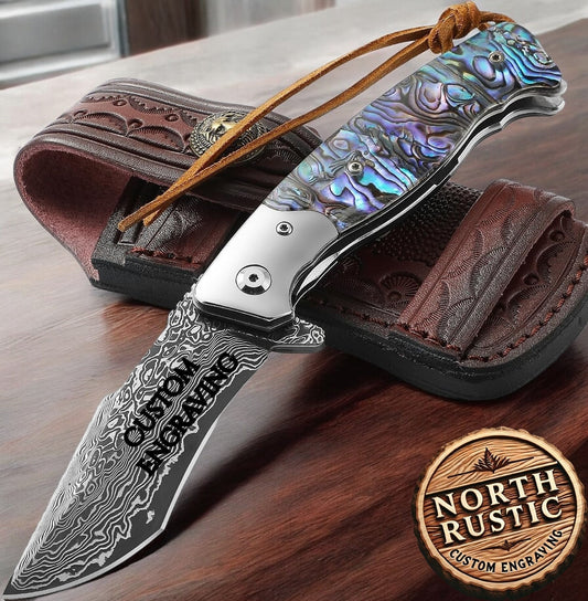 Engraved Damascus Pocket Knife - Folding Knife with Exquisite Abalone Handle - Unique Gift for Him - Husband Anniversary Gift - Father Gifts