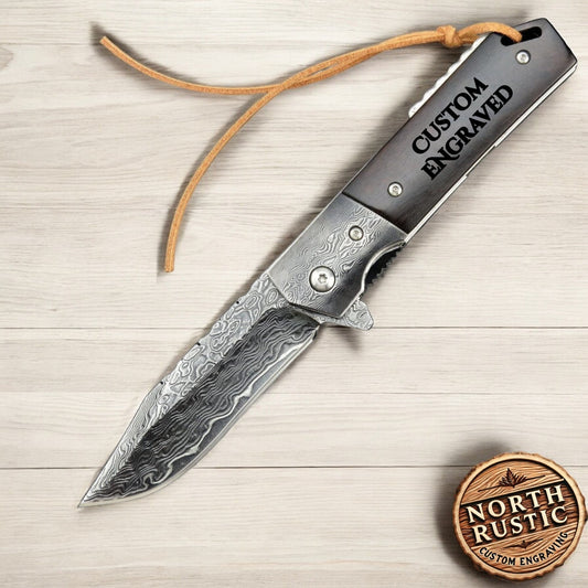 Gift For Him Engraved Pocket Knife, Engraving Damascus Folding Knives, Groomsmen Wedding Holiday Birthday Father Personalized Gifts VP35