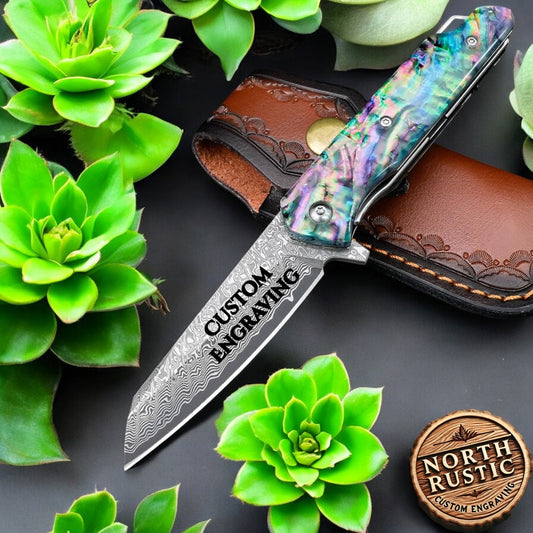 Engraved Damascus Pocket Knife - EDC Folding Knife with Exquisite Abalone Handle - Unique Gift for Him - Husband Boyfriend Dad Gifts NR36