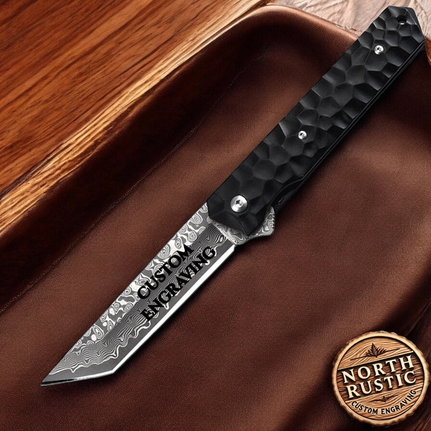 Engraved Damascus Pocket Knife, Personalized Folding Knife, Aluminum Alloy Handle Knife, Wedding Anniversary Father Husband Gift | NR29