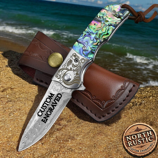 Engraved Abalone Pocket Knife Gift For Him, Anniversary Husband Folding Knife, Father Engraving Gifts, Personalized Wedding Groomsmen VP59