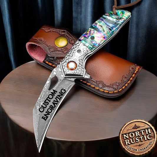Engraved VG10 Damascus Folding Knife, Personalized Pocket Knife, Abalone Shell Handle Knife, Wedding Anniversary Father Husband Gift | VP108