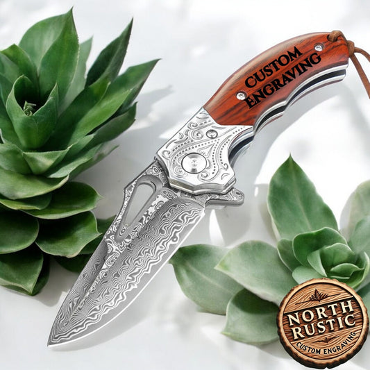 Engraved VG10 Damascus Folding Knife | Personalized Pocket Knife | Rose Wood Handle Knife | Wedding Husband Anniversary Father Gift VP99