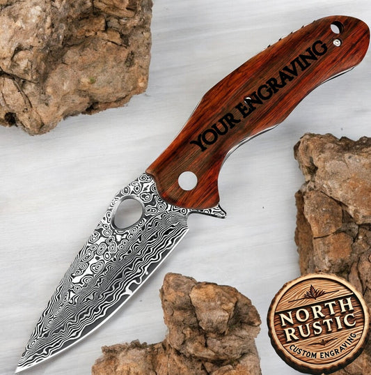 Personalized Damascus Pocket Knife Gift For Him Engraved Folding Rose Wood Handle Engraving Husband Anniversary Gifts VG10 | VP114