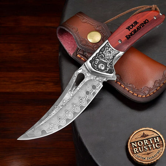 Engraved VG10 Damascus Pocket Knife, Personalized Folding Knife, Unique Rose Wood Handle, Custom Engraving Gift Knife | VP113