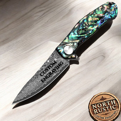 Abalone Shell Handle Damascus Pocket Knife