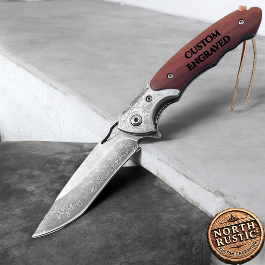 Personalized Engraved Damascus Pocket Knife, Handmade Custom Name Folding Knives, Damascus Steel Knife, Wood Knife Gift, Gift For Dad