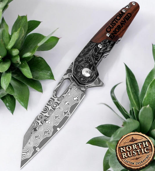 Engraved Damascus Pocket Knife, Personalized Folding Knife, Rose Wood Handle Engraving, Custom Knives For Wedding Groomsmen, Gift For Dad