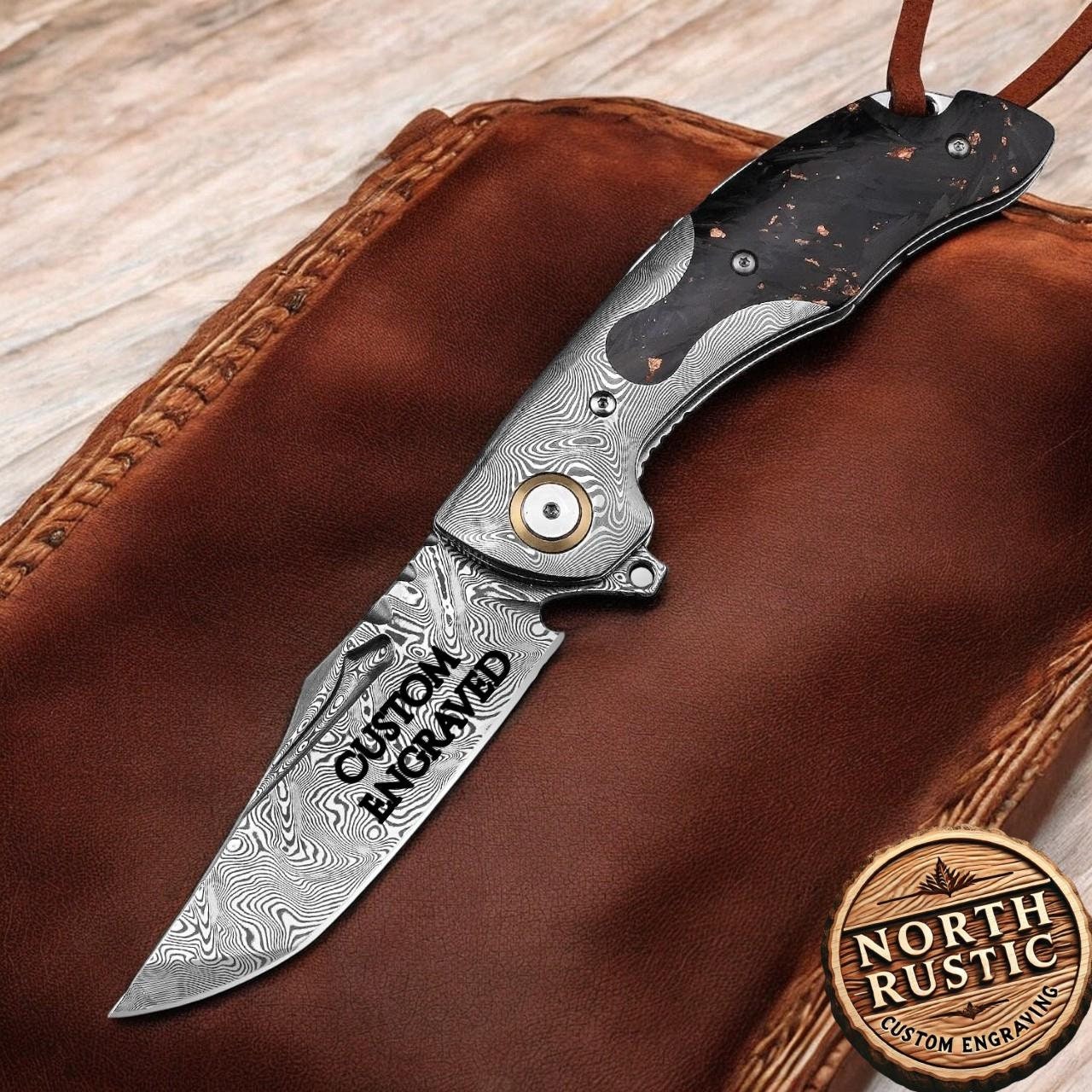 Engraved VG10 Damascus Pocket Knife, Gold Flake Carbon Fiber Handle Folding Knife, Gifts For Him Wedding Anniversary Husband Gift Dad, NR08