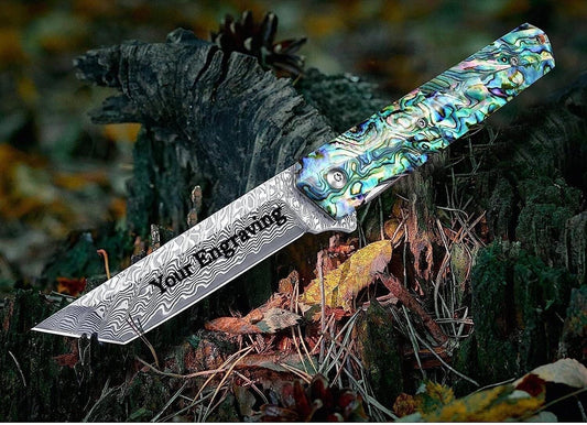 Engraved Damascus Pocket Knife - Tanto Folding Knife with Exquisite Abalone Handle - Unique Gift for Him - Husband Boyfriend Dad Gifts NR05