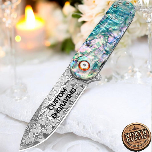 Engraved Mini Damascus Pocket Knife - Small Abalone Handle Folding Knife - Unique Gift Custom Engraving - Wedding Birthday Anniversary Gift