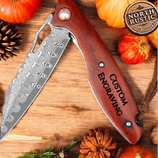 Engraved Damascus Folding Knife | Personalized Pocket Knife | Rose Wood Handle Knife | Wedding Husband Anniversary Father Gift