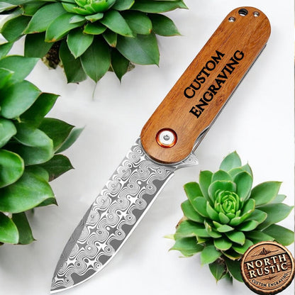 Engraved Damascus Pocket Knife - Personalized Wood Handle Folding Knife - Wedding Gifts Custom Engraving - Anniversary Husband Gift