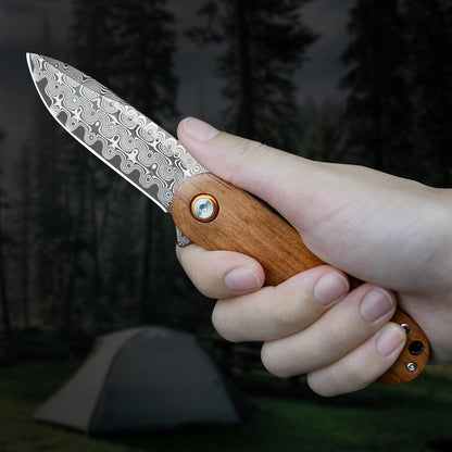 Engraved Damascus Pocket Knife - Personalized Wood Handle Folding Knife - Wedding Gifts Custom Engraving - Anniversary Husband Gift