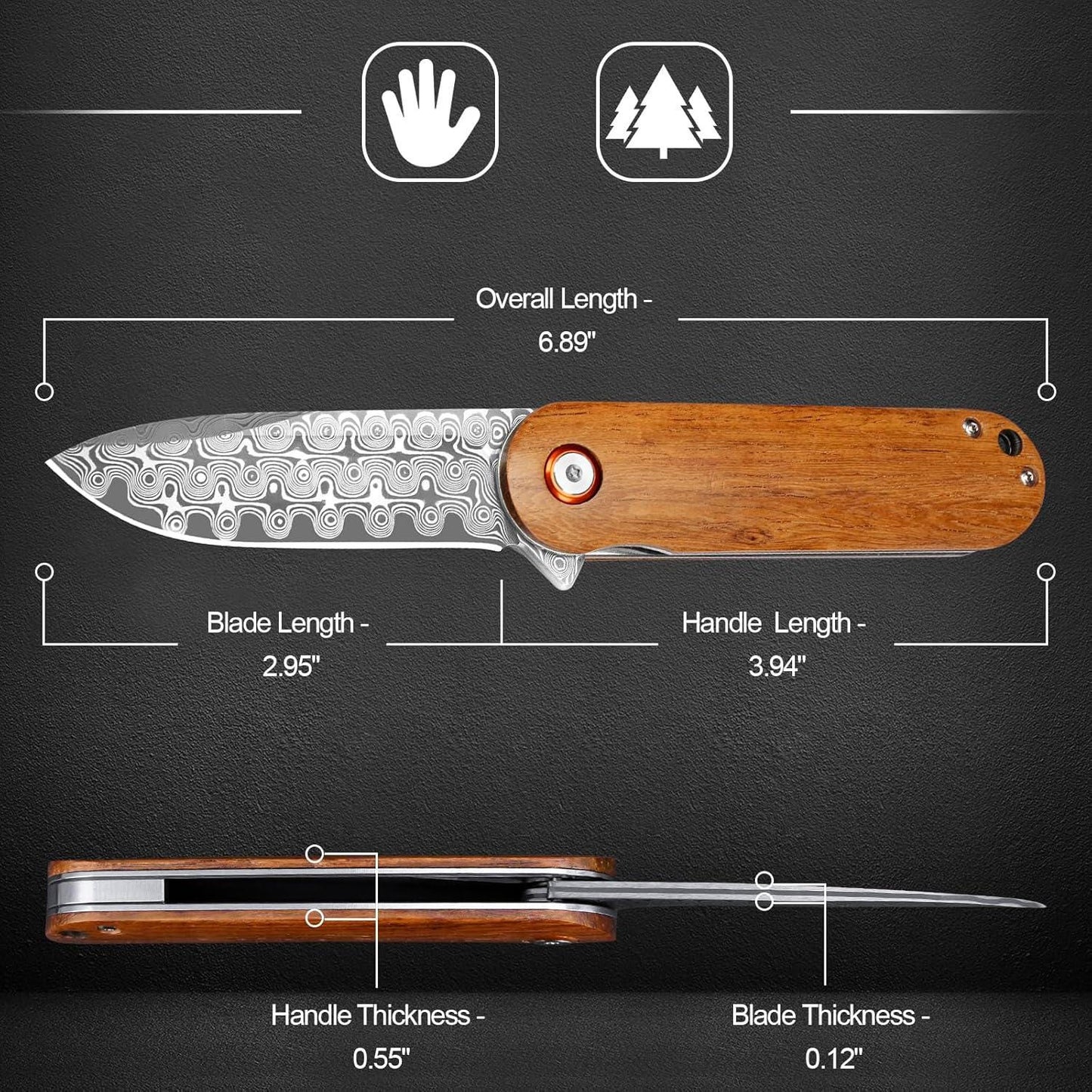 Engraved Damascus Pocket Knife - Personalized Wood Handle Folding Knife - Wedding Gifts Custom Engraving - Anniversary Husband Gift