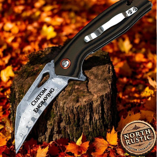 Engraved Pocket Knife Gift For Him, Personalized Karambit Damascus Folding, Husband Anniversary Gift, Wedding Groomsmen, G10 Handle Knife