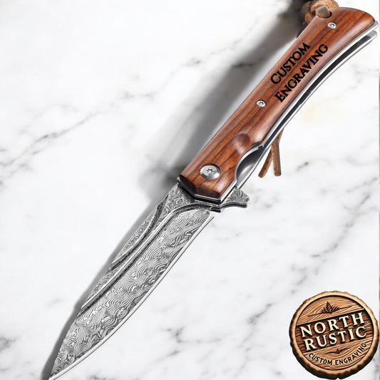 Engraved Damascus Pocket Knife, Personalized Outdoors Gift For Him, Custom Damascus Folding Knives, Wedding Anniversary Gifts Unique Present