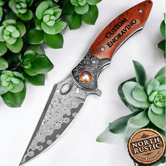 Gift For Him Engraved Pocket Knife, Engraving Damascus Folding Knives, Groomsmen Wedding Holiday Birthday Father Personalized Gifts VP55