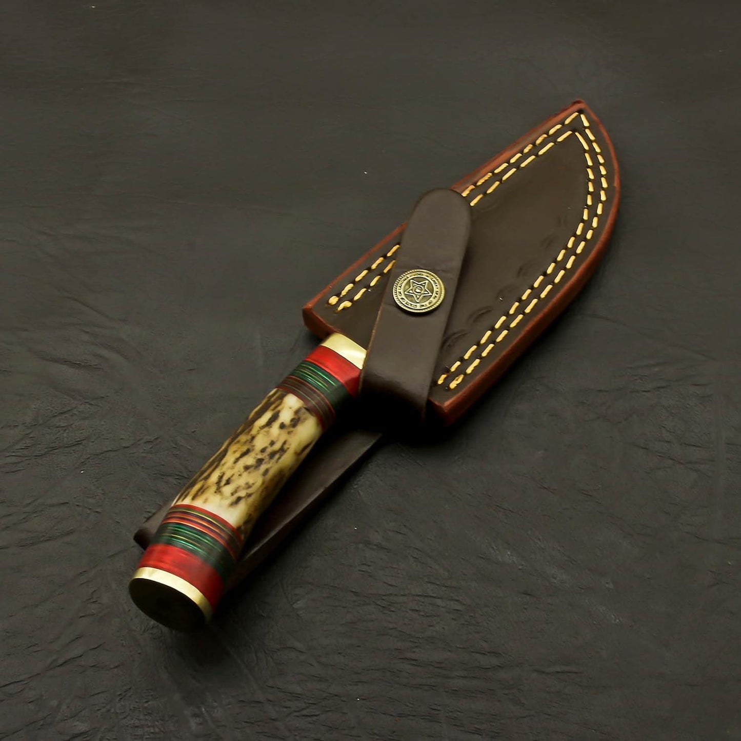 Engraved Damascus Hunting Knife – Custom Antler Stag Horn Personalized Knife – Groomsmen Gift, Fathers Day, Wedding Gifts, Collectible Knife