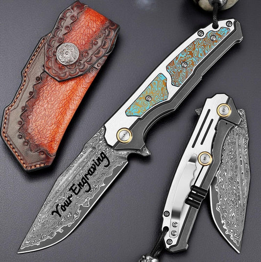 Personalized Damascus Folding Knife – Custom Engraved Pocket Knife for Men – Groomsmen Gift, Father's Day, EDC Knife, Camping & Hunting Gift