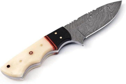 Engraved Damascus Hunting Knife – Buffalo Horn & Bone Handle Personalized Knife – Groomsmen Gift, Fathers Day, Wedding Gifts Husband Present